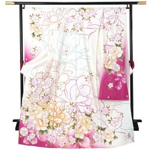 未仕立て 振袖 単品 「白×赤紫 牡丹」 仮絵羽 振り袖 正絹 着物