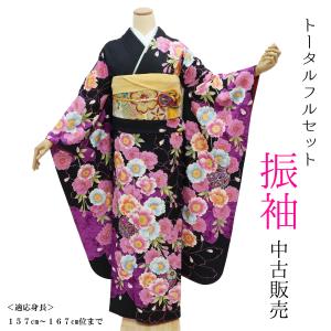 振袖 中古 販売 フルセット 正絹 一式 高身長 トールサイズ 黒 格安