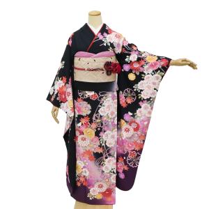 振袖 中古 フルセット 正絹 一式 成人式 着物 格安 美品 黒 ピンク 桜