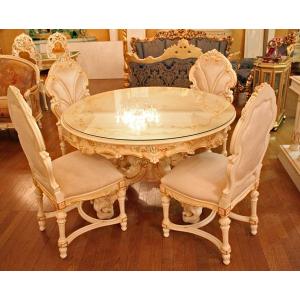 ロココ調 ダイニングテーブル5点セット 120cm 本皮 ピンク チェア