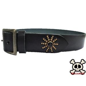 栃木レザー フラワー型スタッズベルト 黒 ターコイズスポッツ 一枚革