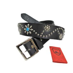栃木レザー フラワー型 スタッズベルト チョコ アクアブルースポッツ