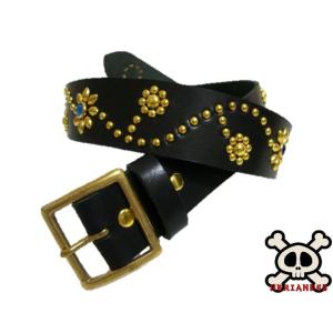 真鍮製バックル 栃木レザー フラワー型スタッズベルト 黒 ブラック