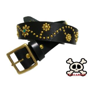 栃木レザー フラワー型 スタッズベルト 黒 ブラックスポッツ 日本製 一