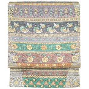 袋帯 螺鈿箔 正絹 絹 金糸 銀糸 黒地 黒 花唐草 横段 花菱 網代文