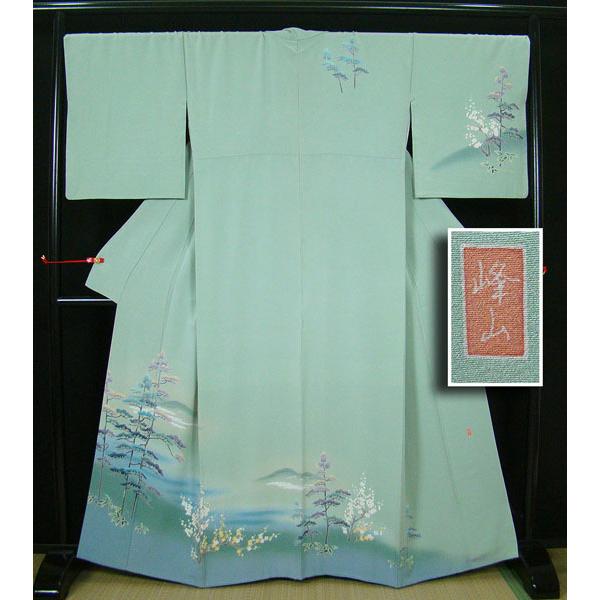 訪問着 友禅染作家「峰山」落款入り 山並みに咲く花々 正絹 8054