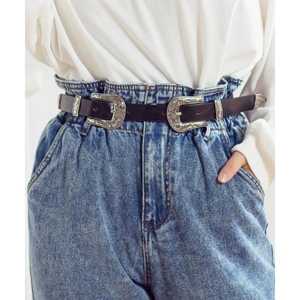 ベルト レディース 合皮 フェイクレザー ブラック ダブルバックル