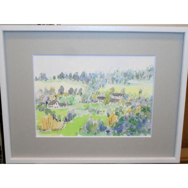 絵画 水彩画 横尾武之 作 「イギリス・コッツウォルズの牧場」 風景画