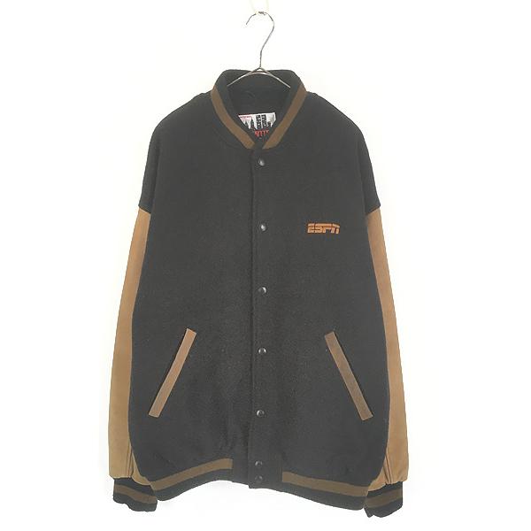 古着 90s Canada製 「ESPN」 テレビ 放送局 本革 レザー袖 メルトン