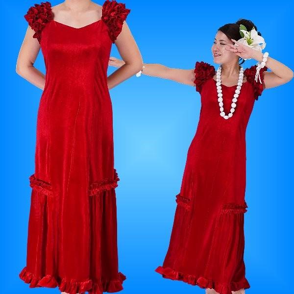 フラダンス ムームー ドレス ベルベット レッド Sサイズ 1078rS