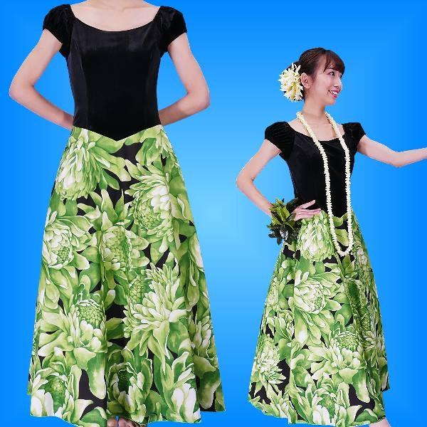 フラダンス ベロア×ハワイアンファブリックドレス グリーン LLサイズ