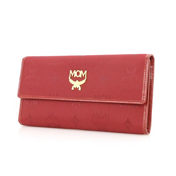 MCM エムシーエム ロゴ調 レッド 赤 ゴールド 金 ナイロン×レザー 三