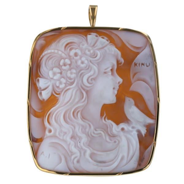 K18YG イエローゴールド ネックレストップ ブローチ シェルカメオ 2way