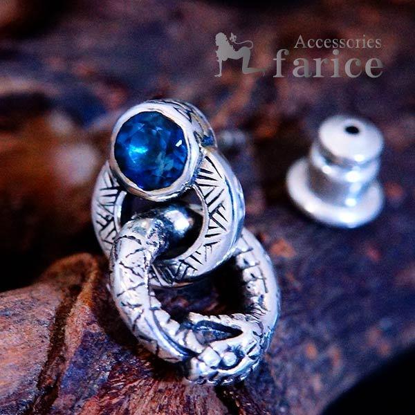 片耳 ピアス 青 ブルートパーズ ミニサイズ スネーク 蛇 2連 リング