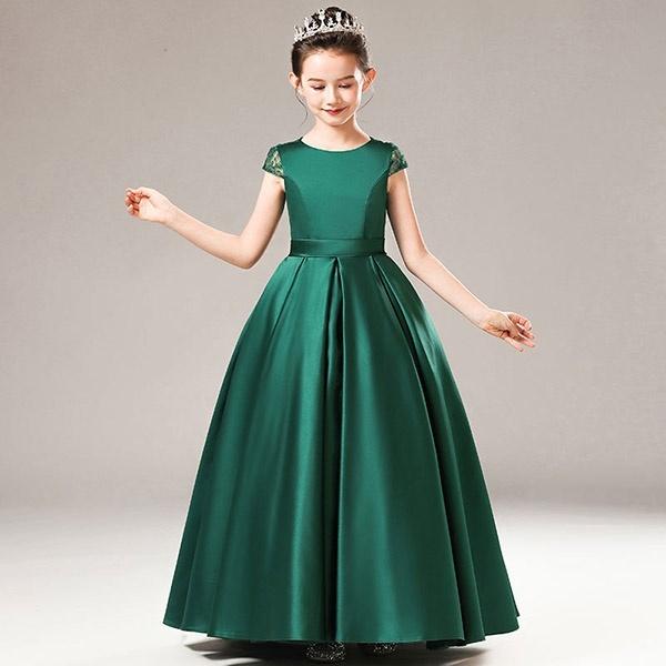 ピアノ発表会 ドレス ロング丈 子供ドレス ワンピース お姫様 グリーン
