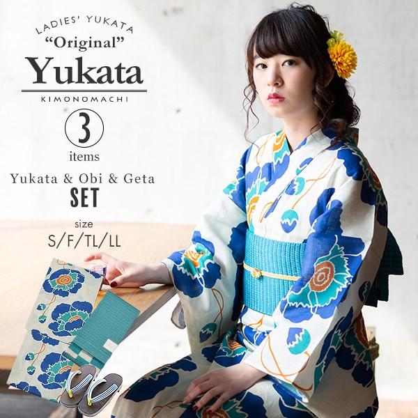 KIMONOMACHI 浴衣3点セット（浴衣+帯+下駄） 「浴衣 レトロフラワー 青