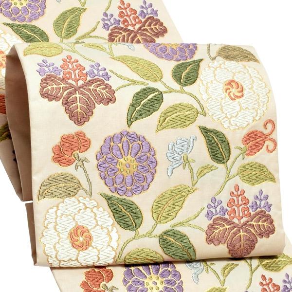 Prices down2）唐織袋帯「生成り色地 菊唐草」錦工芸謹製 六通柄 日本