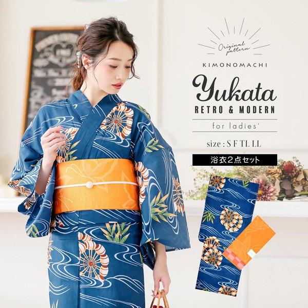 KIMONOMACHI レディース 浴衣2点セット(浴衣+帯)「浴衣 紺色 水車+帯
