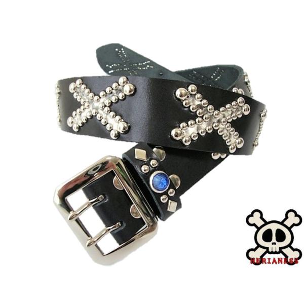 栃木レザー クロスボーンスタッズベルト 黒Xダイヤモンドパイソン
