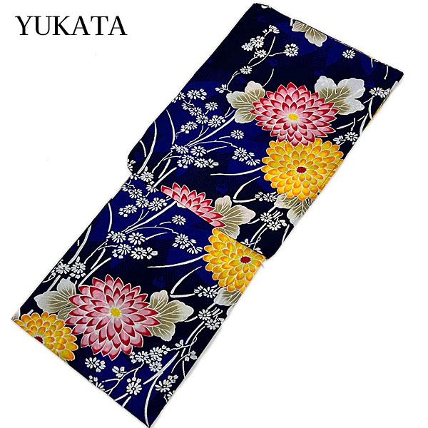 浴衣 レディース ひまわり ブルー 綿 夏物 ゆかた フリーサイズ お