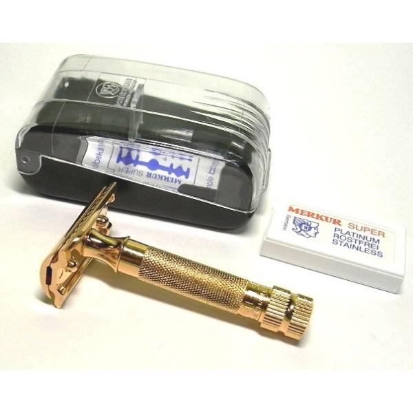メルクール髭剃り334G 両刃ホルダー オール金メッキ 替刃11枚付