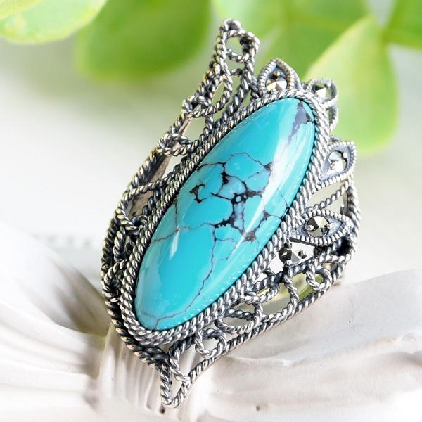 現品限り】 碌山 ターコイズ 女神の羽 リング 大粒トルコ石の力強い
