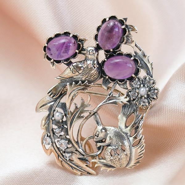 碌山 ウィリアムモリス リスとナイチンゲール アメジスト ブローチ