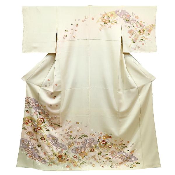 訪問着 正絹 京友禅 上品な四季の草花と雲どり模様（オフ白） : 祭屋