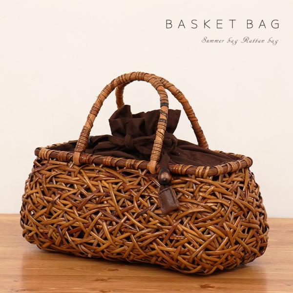 バッグ 巾着 カゴバッグ ラタンバッグ（ブラウン H18S005BR）横長 茶