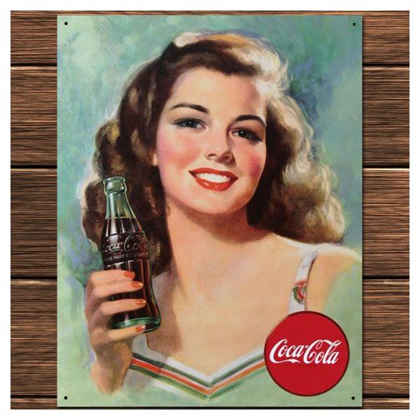 C3 ブリキ看板 Coca-Cola コカコーラ コーラを片手に微笑む女性 油絵風