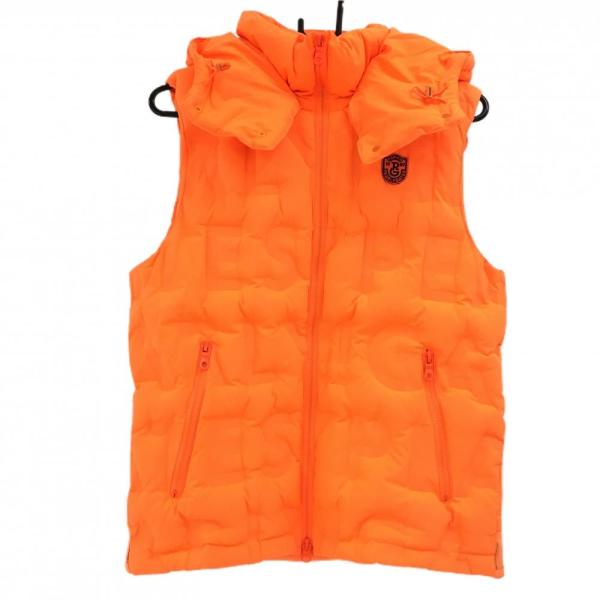 パーリーゲイツ 2WAYダウンベスト 蛍光オレンジ ロゴ型押し フード着脱