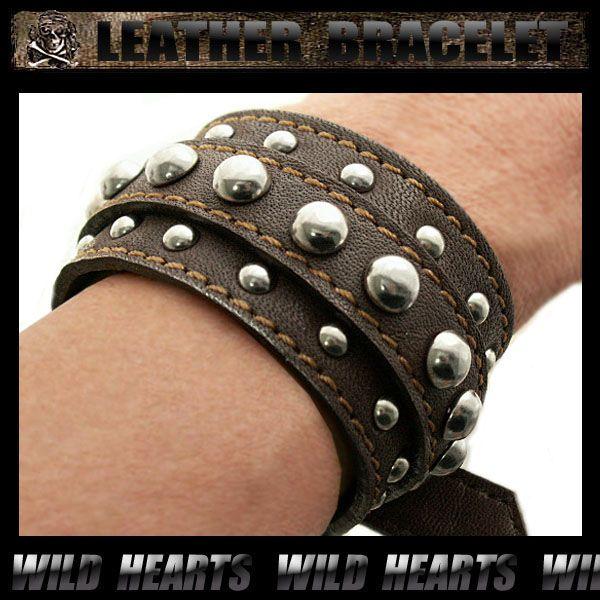 レザーブレスレット 本革 スタッズ レザーリストバンド ブラウン (ID