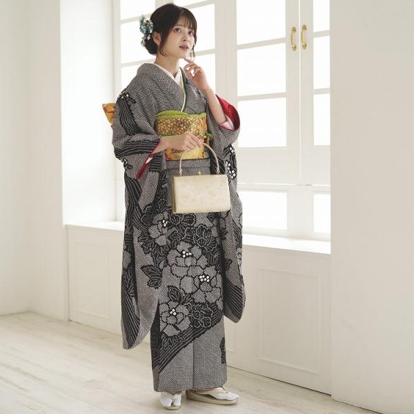 振袖 レンタル 成人式 21点セット レトロ 成人式セット 花 黒系 正絹