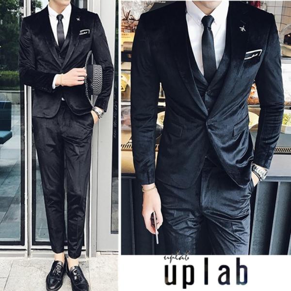 ベロア シングルボタン スーツ メンズ 3P セットアップ 上下セット