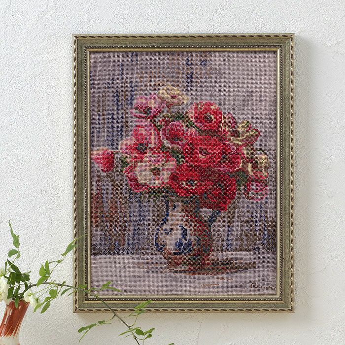 クロスステッチフレーム＜デルフト焼きの花瓶のバラとジャスミン