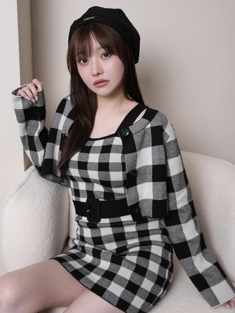 アンサンブルチェックニットロングワンピース サイズFREE ワンピース