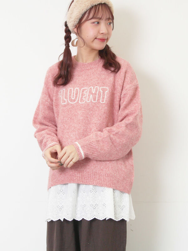 セール】 ロゴ刺繍プルオーバーニット（チャコールグレー/ピンク