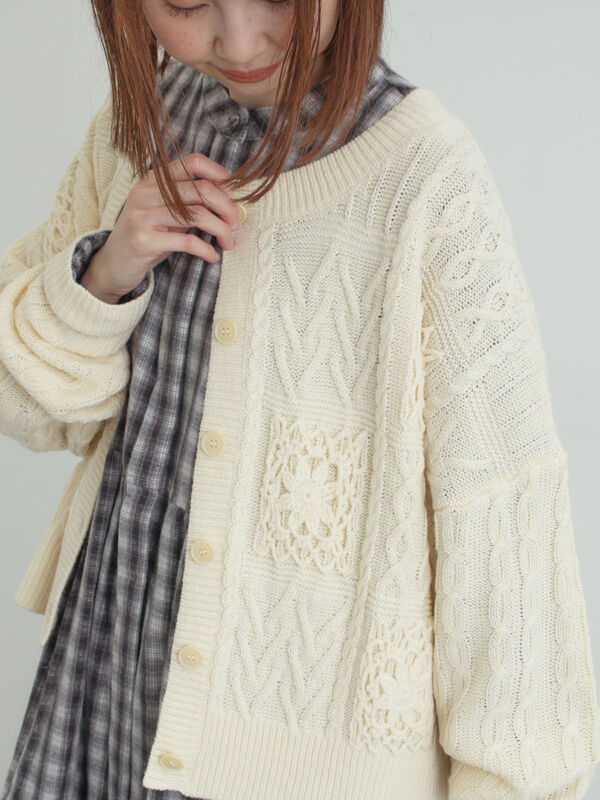 セール】 クロシェ風パッチワークニットカーディガン（ダークブラウン