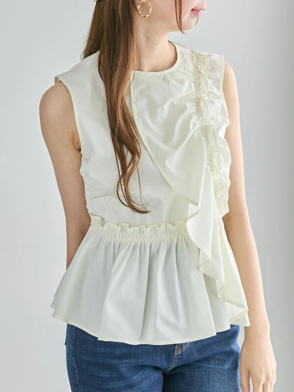 セール】 アシメフリルギャザーブラウス（オフホワイト/ネイビー