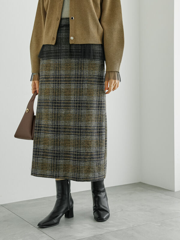 ウールチェックロングタイトスカート（ボトムス/スカート）【セール