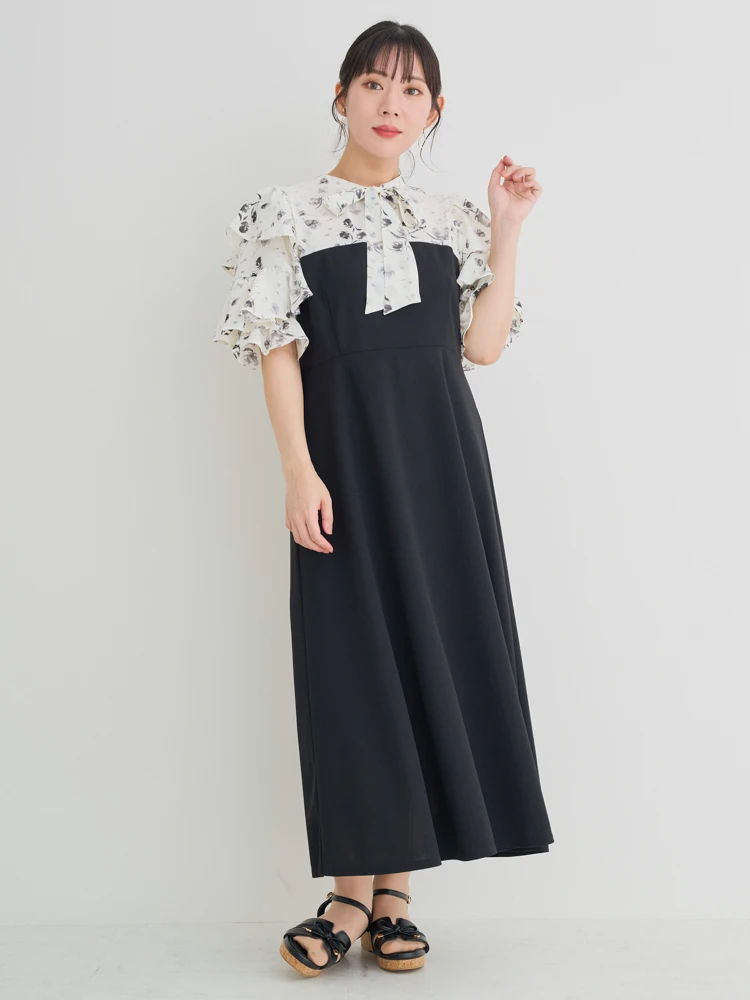 WEB限定】花柄フリルボウタイブラウスドッキングワンピース（大きい