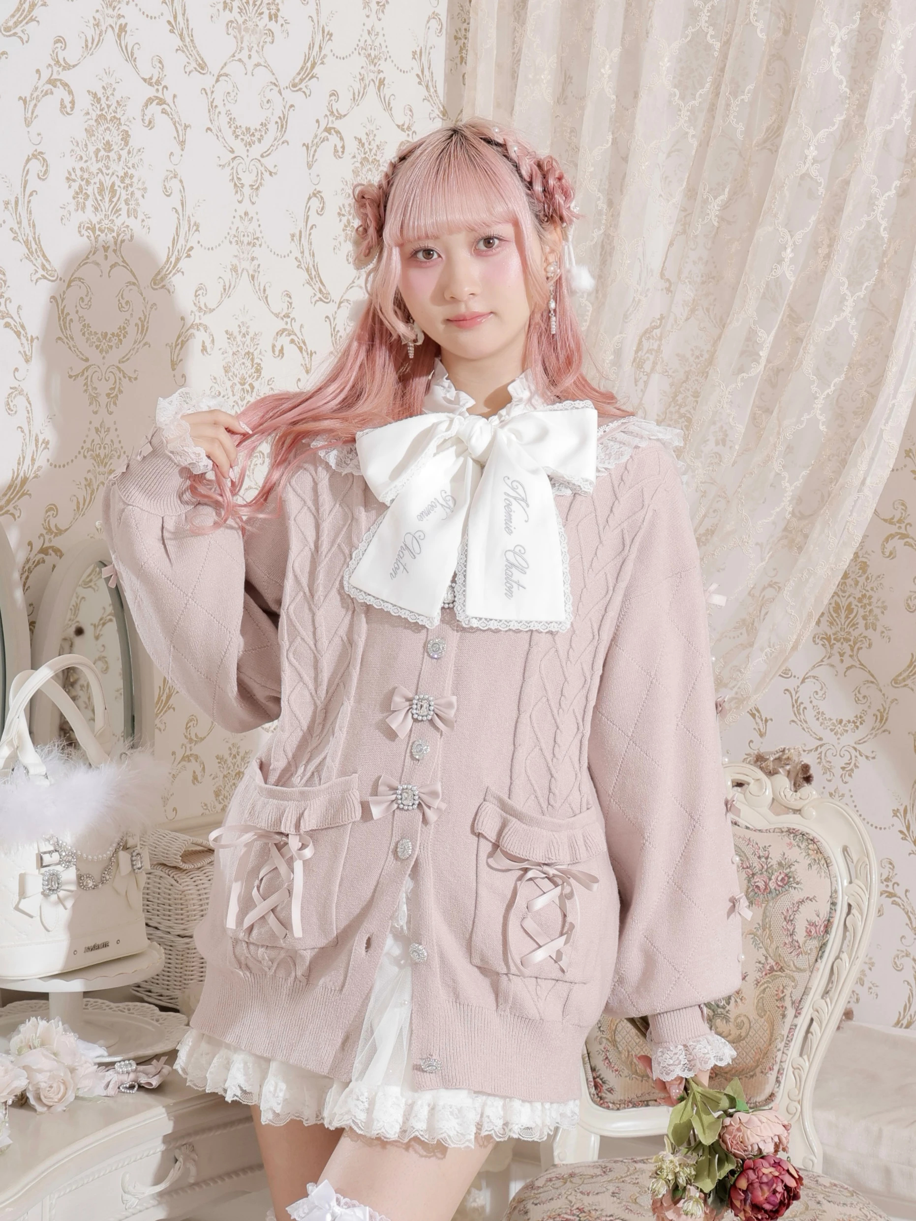 メニーリボンケーブルセーラカーデ（カーディガン｜黒・オフホワイト