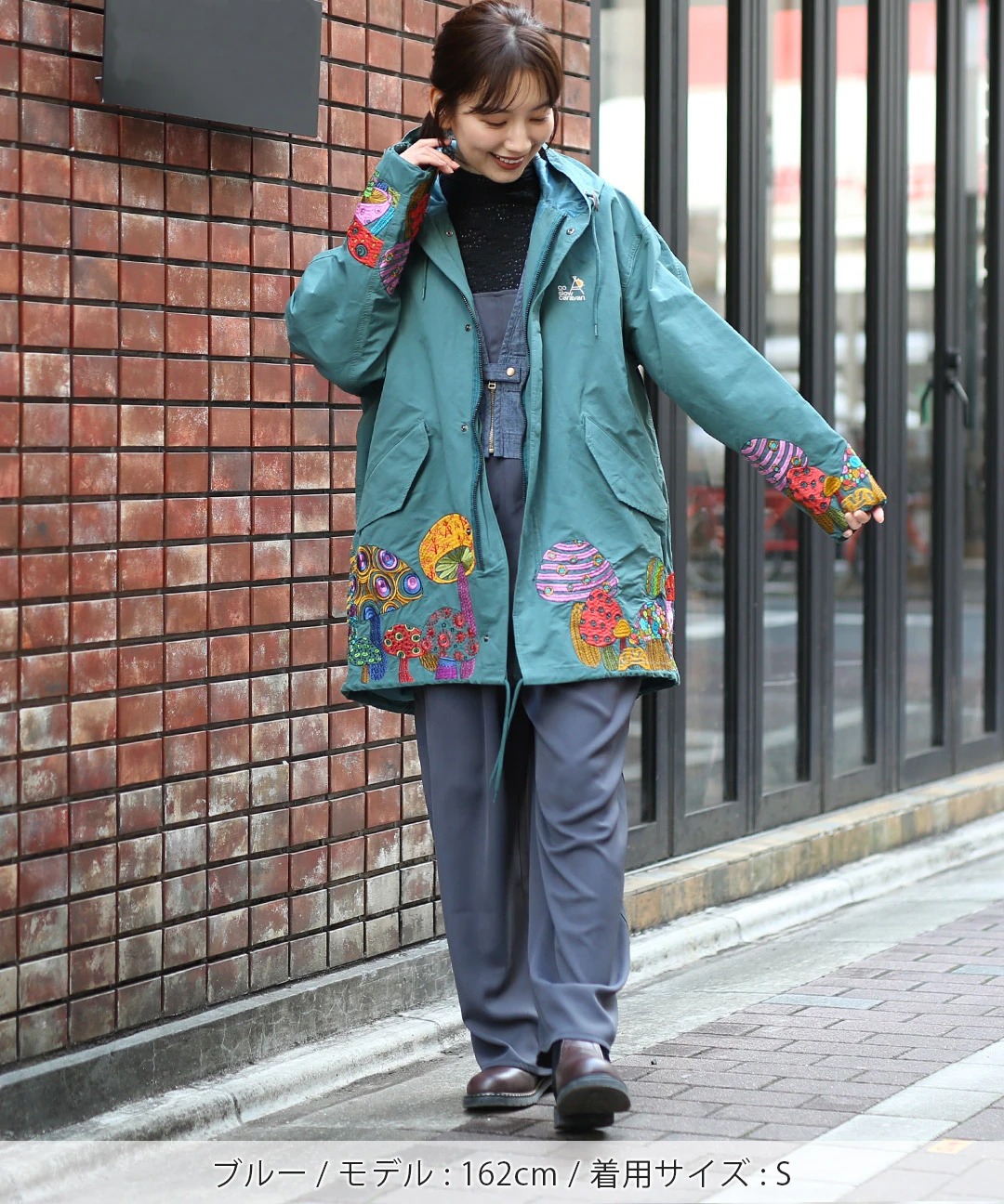 go slow caravan コットンナイロンパネル刺繍モッズコート【WEB限定