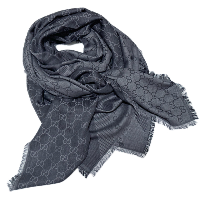グッチ シルク混 GG柄 正方形ストール（スカーフ）チャコールグレー GUCCI