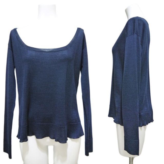 プラダ ウール×シルク Uネック 薄手ニットセーター ネイビー #38#40#42