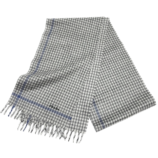 プラダ メンズ カシミア100％ フリンジマフラー グレー チェック柄