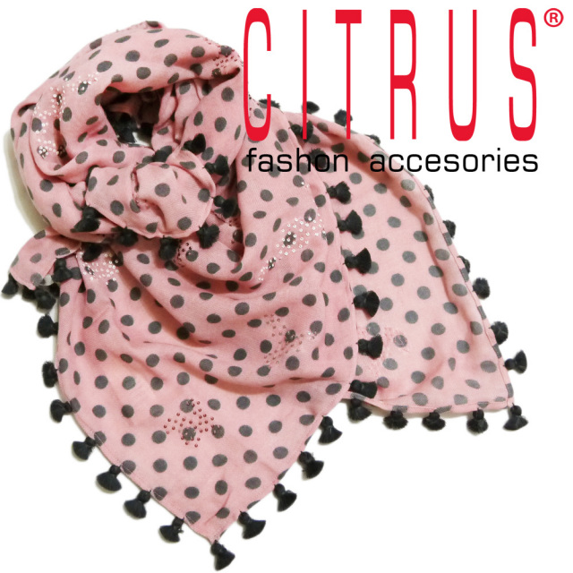 シトラス インド製 ポンポン付き ドット柄 ウールストール（スカーフ