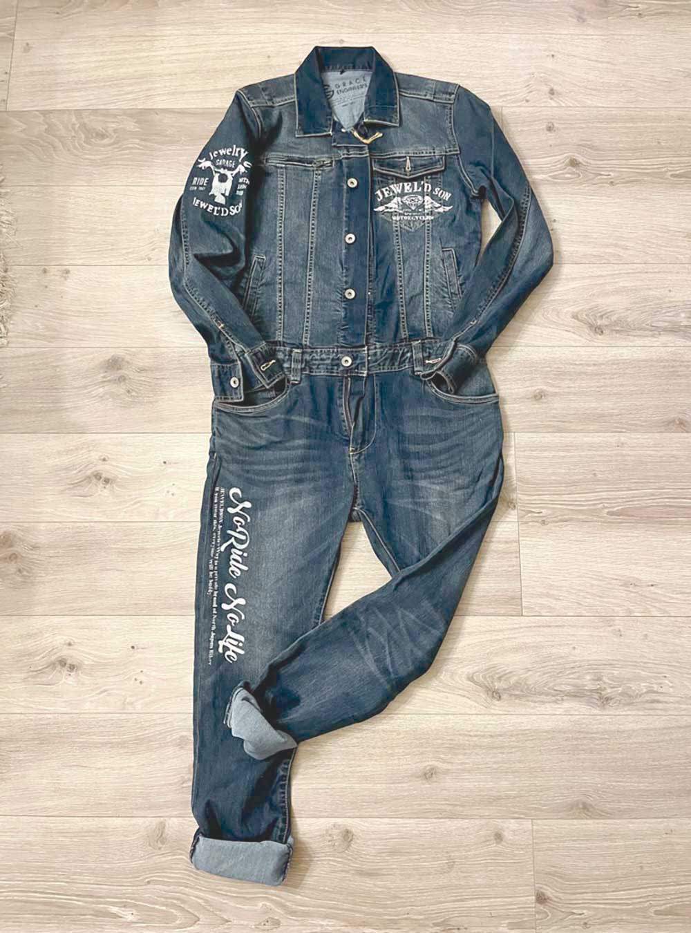 JEWEL'D SON（ジュエルソン）デニムツナギ TEXTデザイン（白プリント