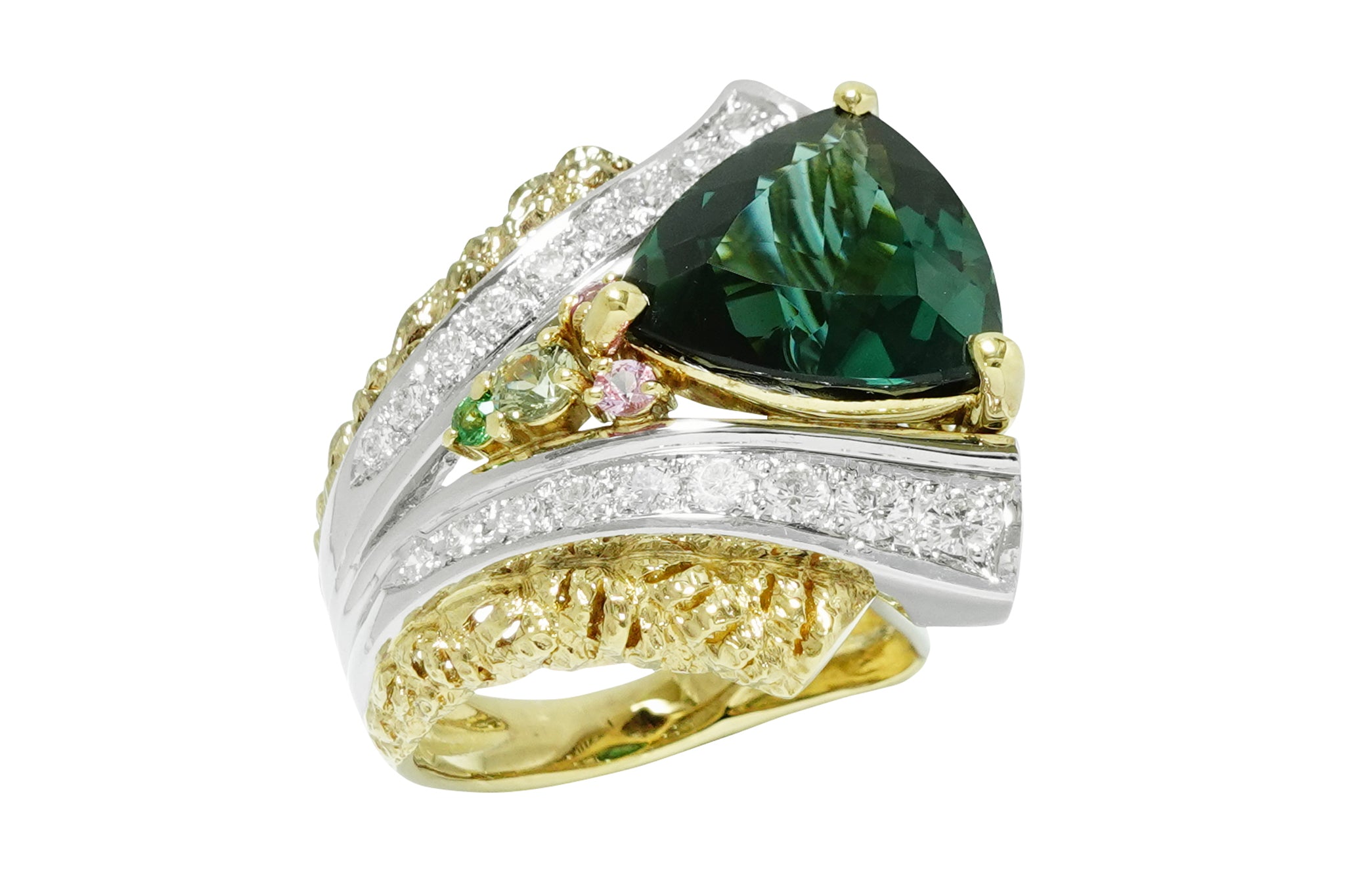 梶光夫】Pt900/K18グリーントルマリン ピンク/イエローサファイヤ