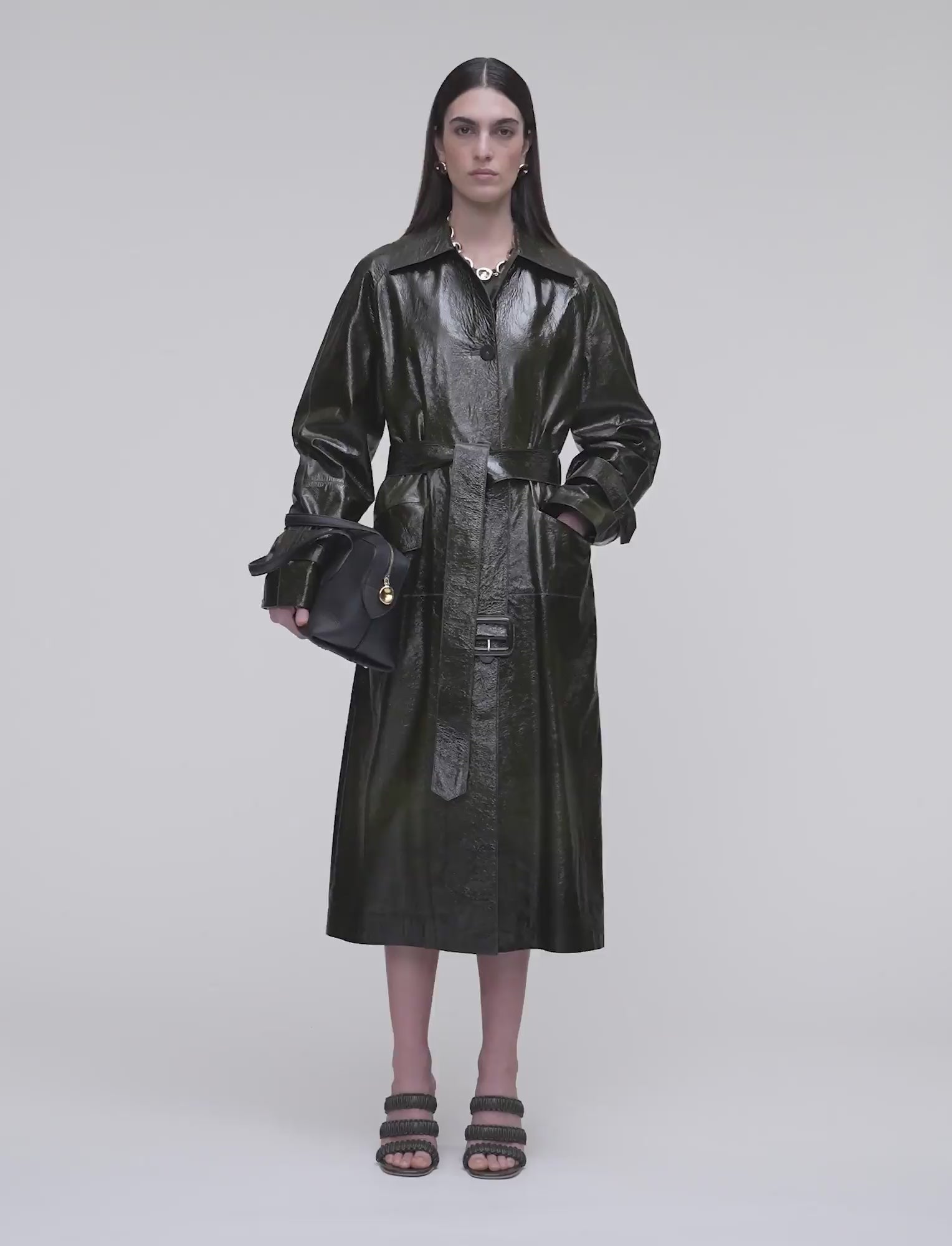 Zahia Textured Patent Leather Coat in Green | JOSEPH GB